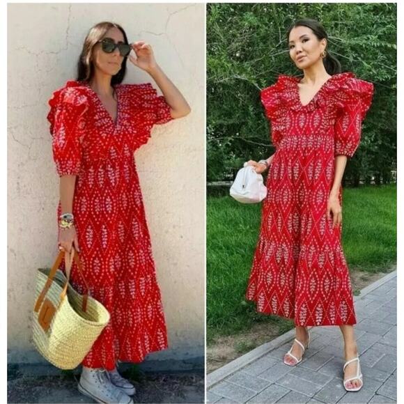 Zara Red Dress with Eyelet Embroidery Midi Length Size Small - Picture 10 of 16